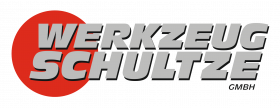 Logo der Werkzeug Schultze GmbH mit grauer Wortmarke auf schwarzem Hintergrund und rotem Kreis als Markenzeichen.